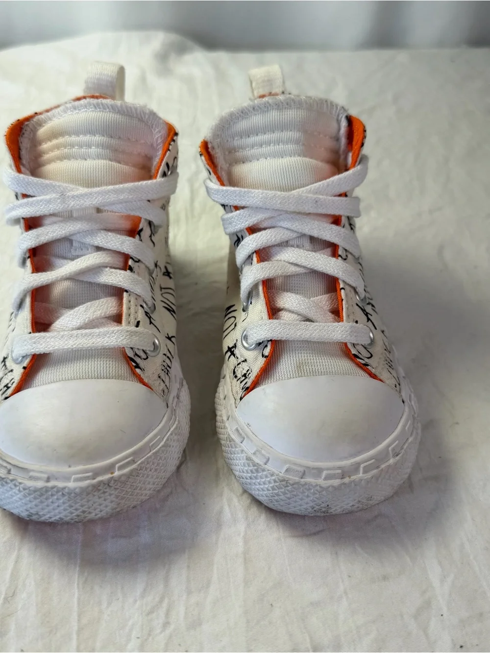 Converse High-Top Toddler sz 8 White & Orange Sneakers - 'Not a Chuck' Graphic